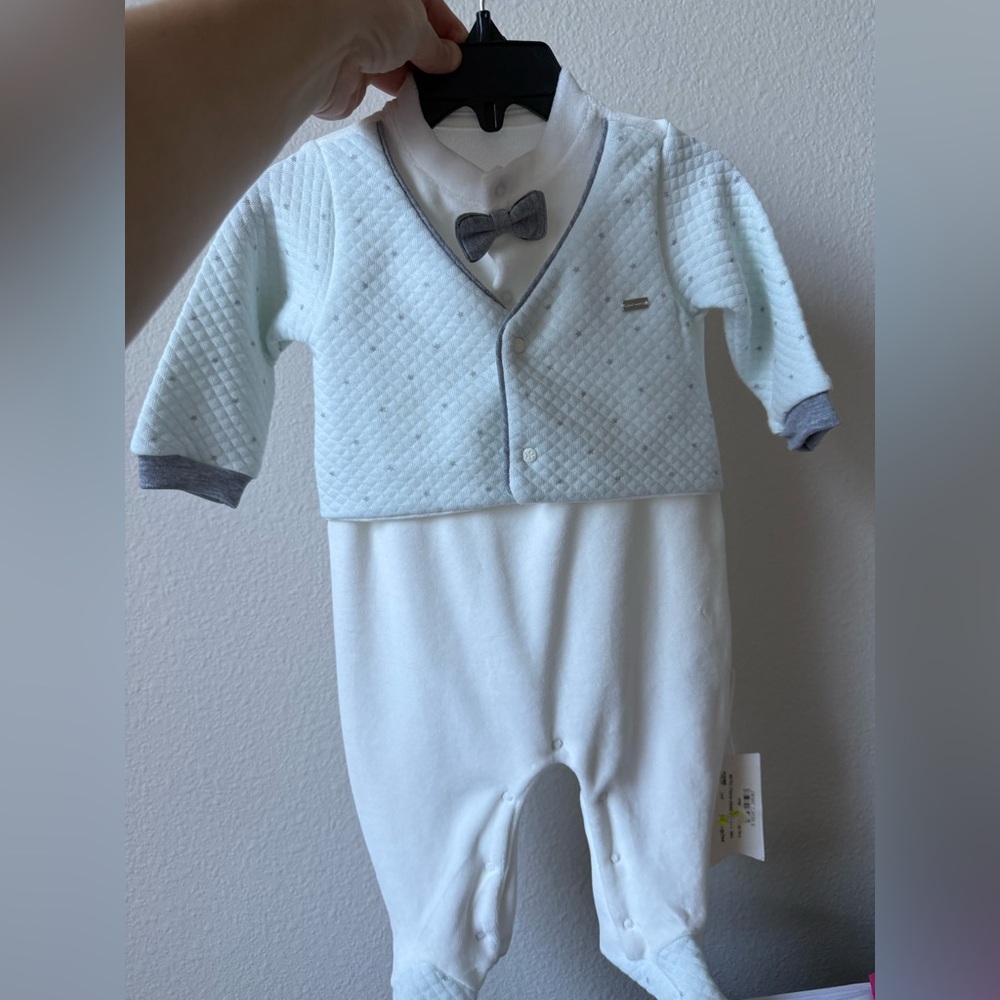 NEW Super soft Baby boy 6 months blue overalls footies with a bow